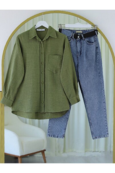 Modamorfo Cămașă de in cu un singur buzunar cu nasturi - kaki