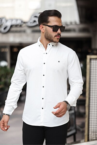 comstar Men's Basic Snap Fastener Winter Long Sleeve White Shirt