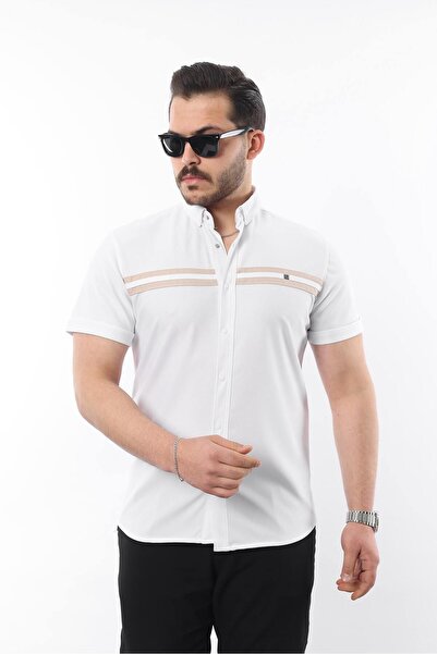 comstar Men's Short Sleeve Tight Summer Double Striped White Shirt