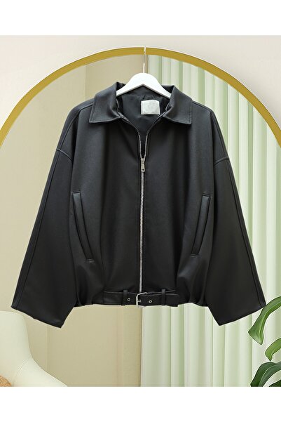 Modamorfo Lined Leather Jacket with Folded Waist Detail and Belt - Black