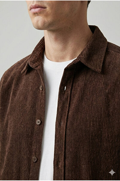 A&O Style Ανδρικό μακρυμάνικο βελούδινο πουκάμισο σε σκούρο καφέ χρώμα oversized