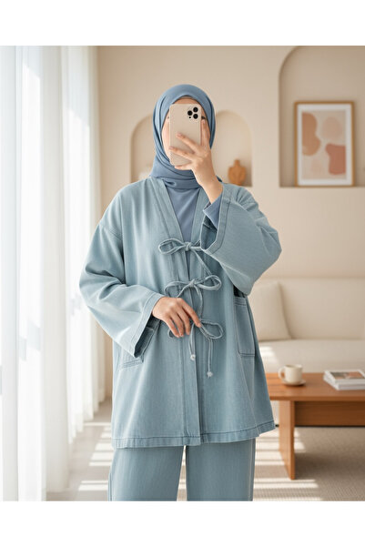 Modamorfo بدلة كيمونو من قماش الدنيم مع جيوب أمامية ورباط - أزرق فاتح