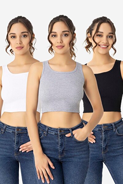 Arma Yıldız Women's Cotton Camisole Crew Neck Thick Strap Crop Black White Gray Set of 3