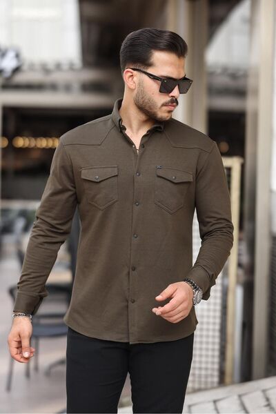 comstar Men's Long Sleeve Winter Khaki Shirt with Snap Pockets