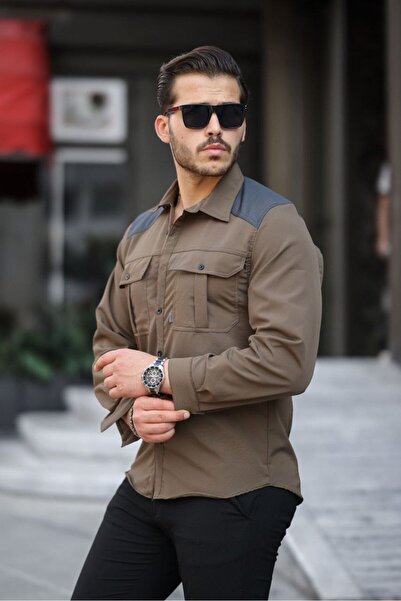 comstar Men's Parachute Fabric Tight Long Sleeve Basic Khaki Shirt