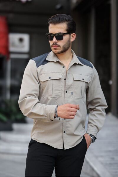 comstar Men's Parachute Fabric Tight Long Sleeve Basic Cream Shirt