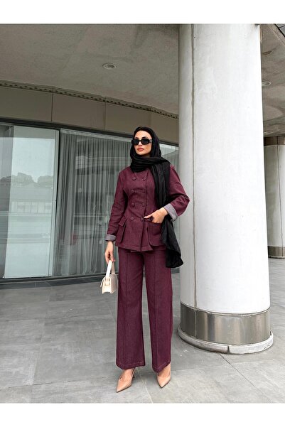Julidress Plum Button Detailed Blazer Jacket and Pants Bottom Top Premium Denim Suit