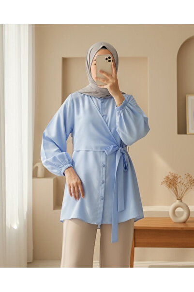 Modamorfo Cross Tie Sleeve Elastic Button Shirt - Baby Blue