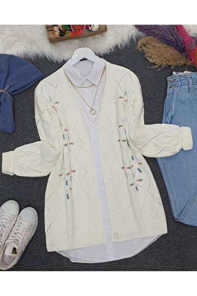 Modamorfo Openwork Floral Embroidered Buttoned Knitwear Cardigan