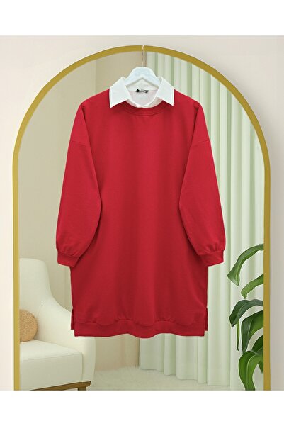 Modamorfo Crew Neck Slit Combed Cotton Sweatshirt - Red