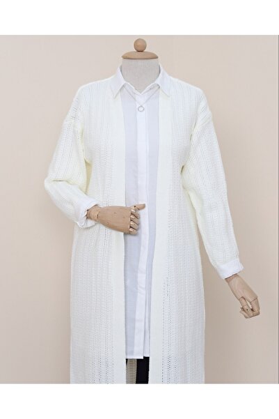 Modamorfo Slit Knitted Pattern Long Cardigan -White