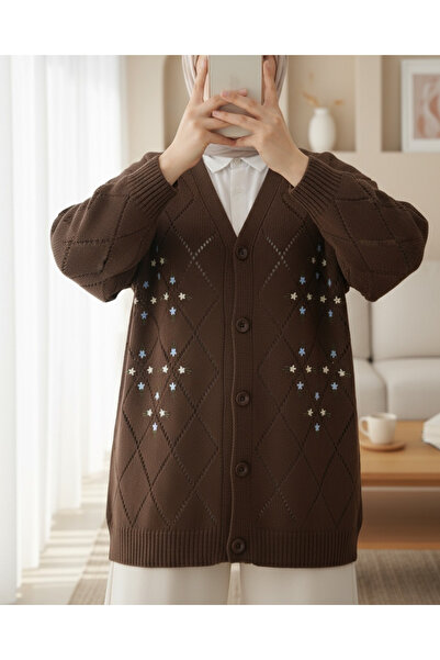 Modamorfo Openwork Floral Embroidered Buttoned Knitwear Cardigan - Coffee