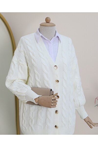Modamorfo Hair Knitted Buttoned Knitwear Cardigan -Ecru