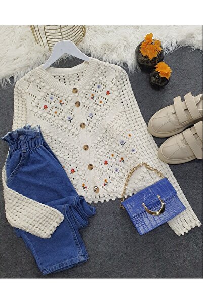 Modamorfo Pompom Knitted Pattern Embroidered Lace-Like Knit Cardigan -Ecru