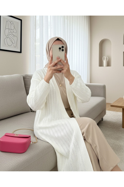 Modamorfo Slit Knitted Pattern Long Cardigan -White