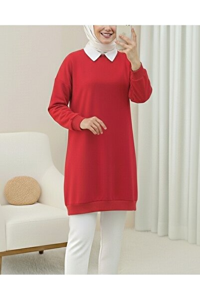 Modamorfo Crew Neck Slit Combed Cotton Sweatshirt - Red