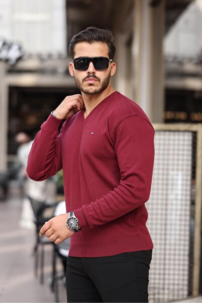 comstar Чоловічий трендовий светр з V-подібним вирізом, червоний трикотаж, для щоденного носіння