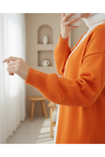 Modamorfo Knitted Cardigan with Pompom Sleeves and Skirt - Orange