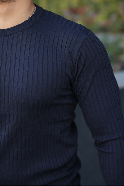 comstar Men's Crew Neck Long Sleeve Navy Blue Knit Sweater