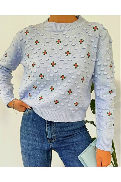 Modamorfo Πλεκτό πουλόβερ Pompom στο μπροστινό μέρος και στα μανίκια - γαλάζιο