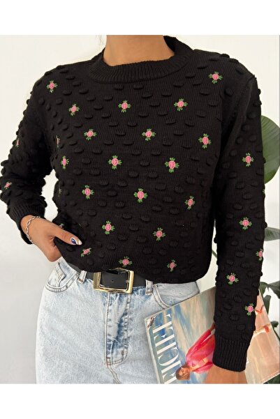 Modamorfo Pletený svetr s bambulí s přední částí a rukávy – černý