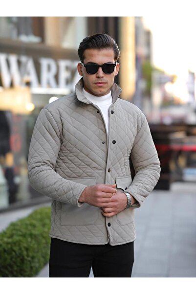 comstar Men's Snap Fastener Basic Winter Fur Gray Quilted Coat