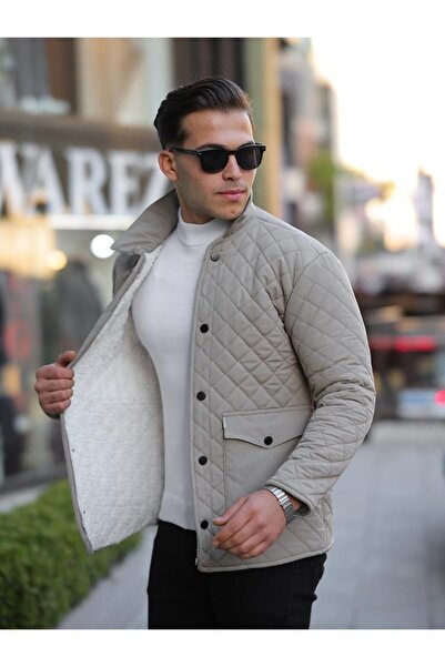 comstar Men's Snap Fastener Basic Winter Fur Gray Quilted Coat