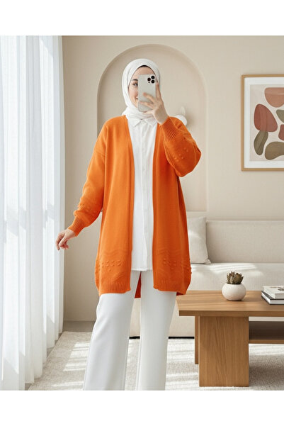 Modamorfo Knitted Cardigan with Pompom Sleeves and Skirt - Orange