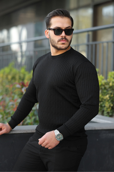 comstar Men's Crew Neck Long Sleeve Black Knitwear Sweater
