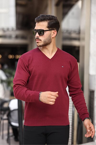 comstar Чоловічий трендовий светр з V-подібним вирізом, червоний трикотаж, для щоденного носіння