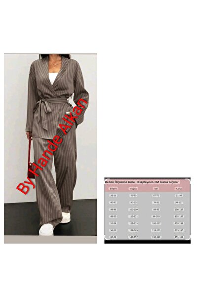 By Hande Alkan Women's Plus Size Camel White Striped Pants Jacket Suit