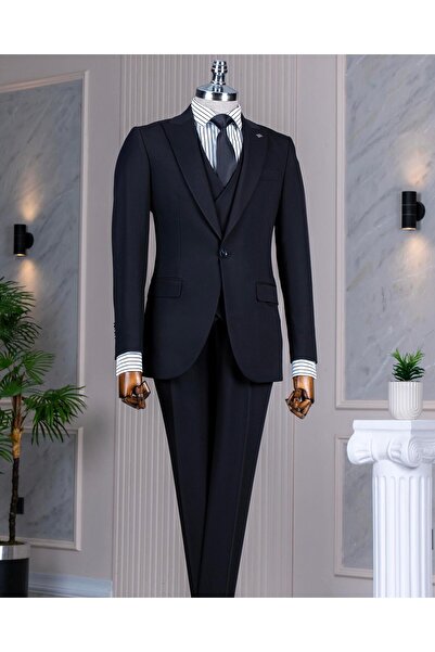 TerziAdemAltun İtalyan stil ceket yelek pantolon takım elbise Siyah T8614