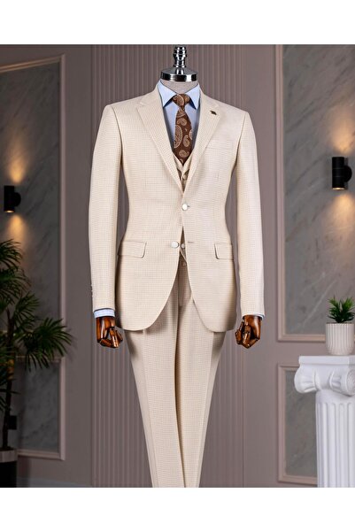 TerziAdemAltun Beige Slim FiT ITalian STyle HoundsTooTh PaTTerned JackeT VesT PanTs SeT - T12790