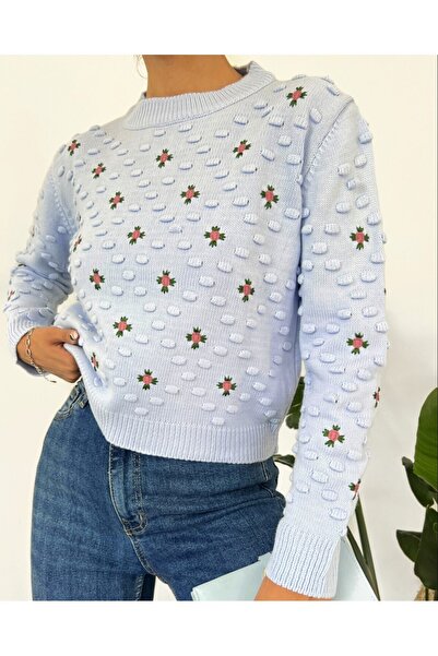 Modamorfo Πλεκτό πουλόβερ Pompom στο μπροστινό μέρος και στα μανίκια - γαλάζιο