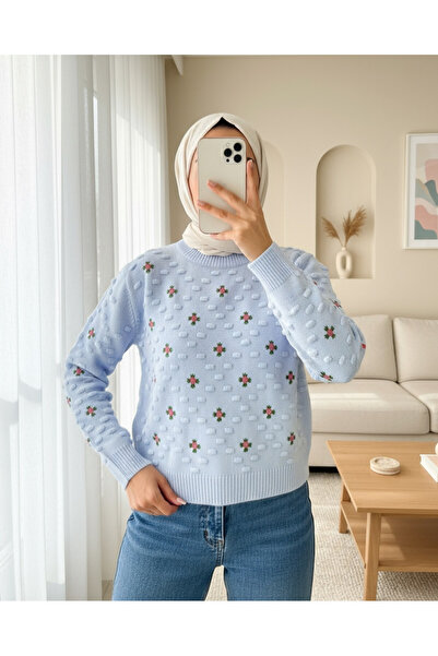 Modamorfo Πλεκτό πουλόβερ Pompom στο μπροστινό μέρος και στα μανίκια - γαλάζιο