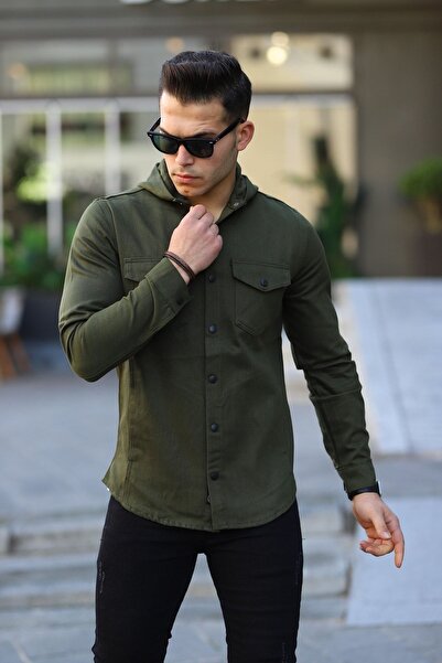 comstar Men's Hooded Snap Fastener Loose Basic Khaki Denim Shirt