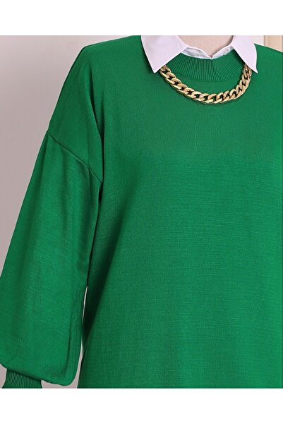 Modamorfo Emerald Balloon Sleeve Knitwear Tunic - Plain Crew Neck