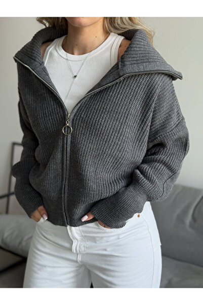 Nopen Knitwear Women's Anthracite Zippered Turn-Down Collar Knit Cardigan