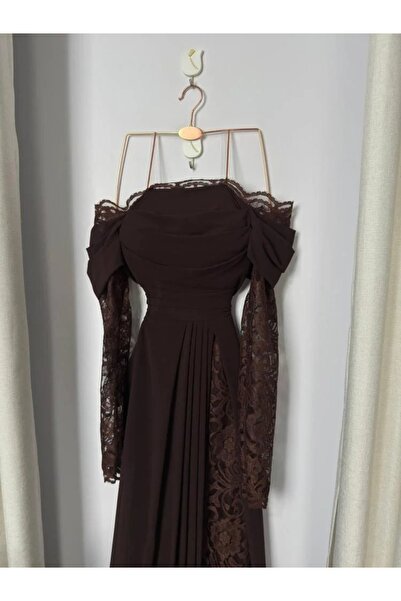 ADORA Brown georgette evening dress + original lace + lining