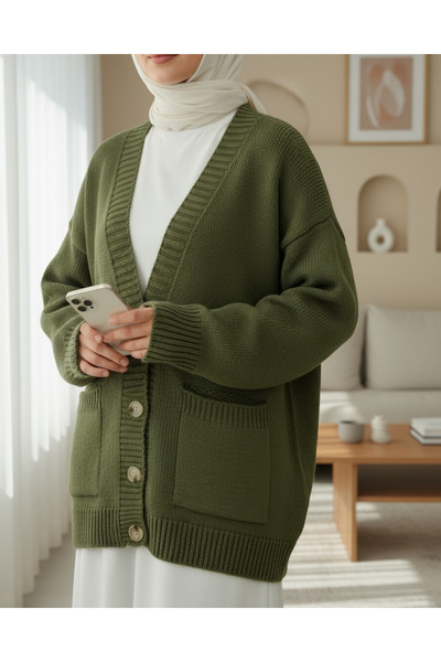 Modamorfo Buttoned Double Pocket Casual Knit Cardigan - Khaki