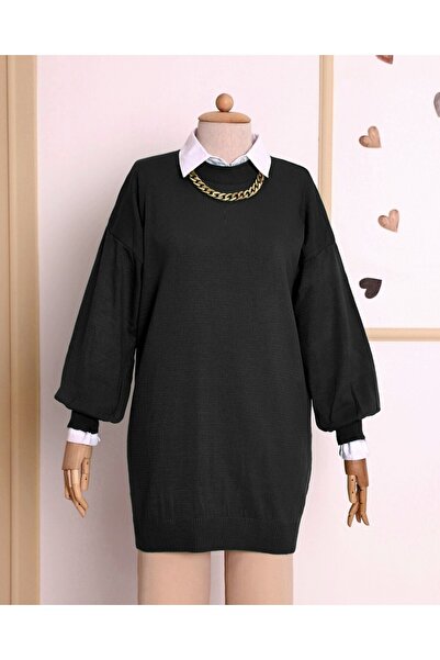 Modamorfo Plain Crew Neck Balloon Sleeve Knitwear Tunic -Black