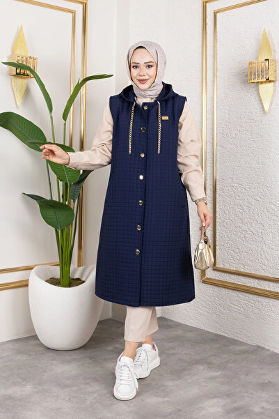 Moda MSK Hooded Quilted Navy Blue Vest with Weapon Detail