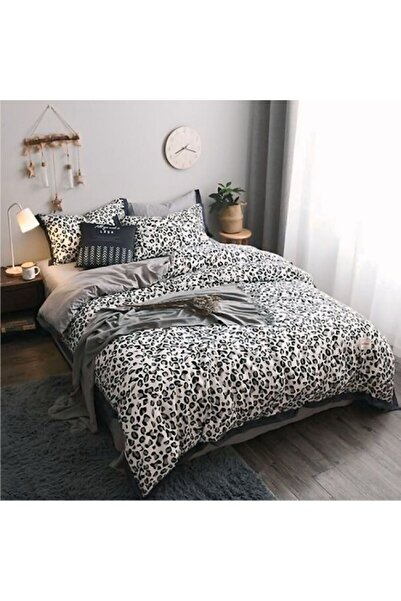 She&Co Oboustranná sada elastických povlaků na přikrývku – černý leopard (s 4 povlaky na polštáře)