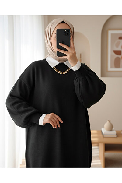 Modamorfo Plain Crew Neck Balloon Sleeve Knitwear Tunic -Black