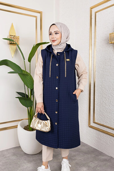 Moda MSK Hooded Quilted Navy Blue Vest with Weapon Detail