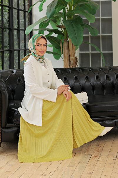 comstar Women's Basic High Waist Pleated Loose Green Long Skirt