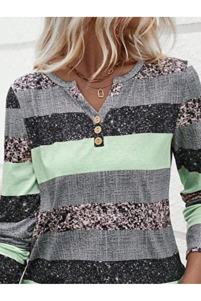 ALPACO Women's Long Sleeve Button down Collar Striped Pattern Single Jersey Blouse