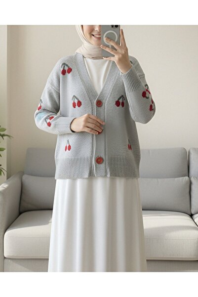 Modamorfo Gray Cherry Print Short Cardigan