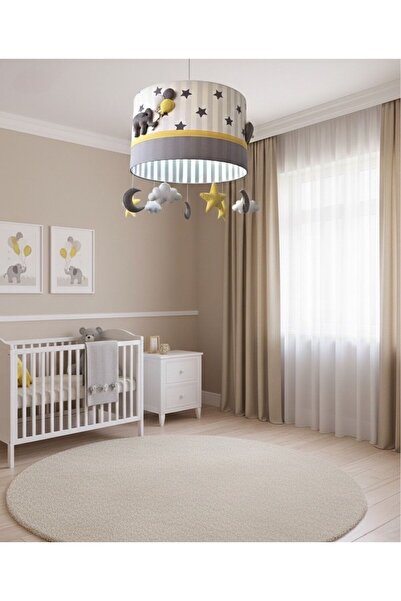 Leobabyroom Beyaz Üzeri Gri Yıldızlı Gri Filli Sarı Şeritli  Kız/Erkek  Bebek...