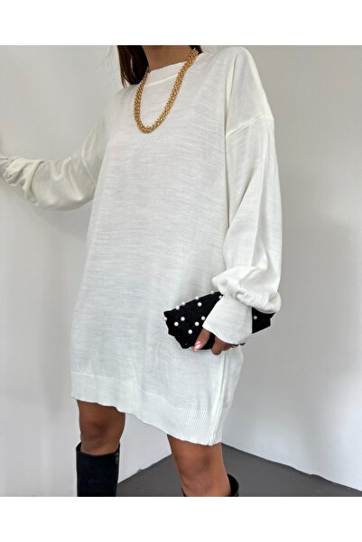 Modamorfo Plain Crew Neck Balloon Sleeve Knitwear Tunic -White